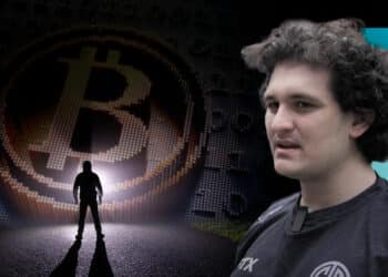 SBF con logo de FTX y figura misteriosa con BTC