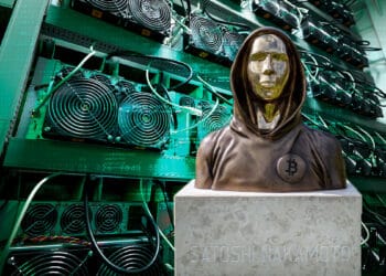 Estatua de Satoshi Nakamoto junto a mineros de bitcoin.