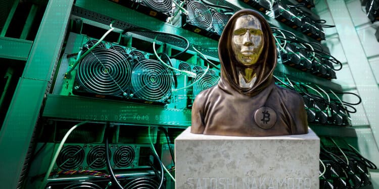 Estatua de Satoshi Nakamoto junto a mineros de bitcoin.