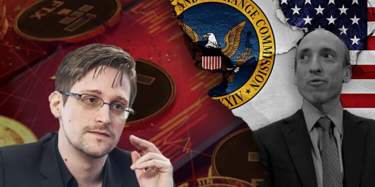 Edward Snowden en frente de monedas de FTX rotas con graficos rojos en el fondo junto a gary gensler con logo de la SEC y bandera de Estados Unidos en el fondo.