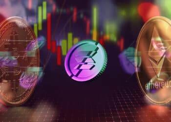 moneda de Solana con monedas de Bitcoin y Ethereum en el fondo con gráfico de precio