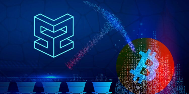 Pico de minería con BTC y logo de Stratum