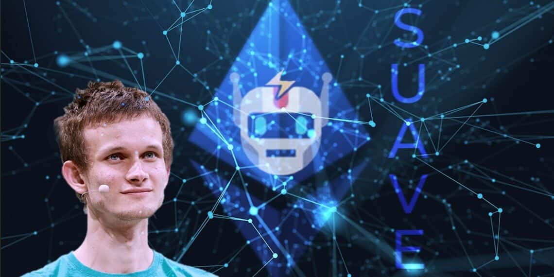 vitalik buterin en frente de red digital con logos de ethereum y flashbots superpuestos junto a las siglas suave