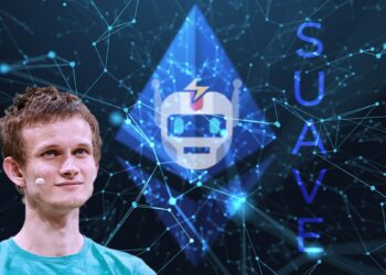 vitalik buterin en frente de red digital con logos de ethereum y flashbots superpuestos junto a las siglas suave