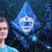 vitalik buterin en frente de red digital con logos de ethereum y flashbots superpuestos junto a las siglas suave