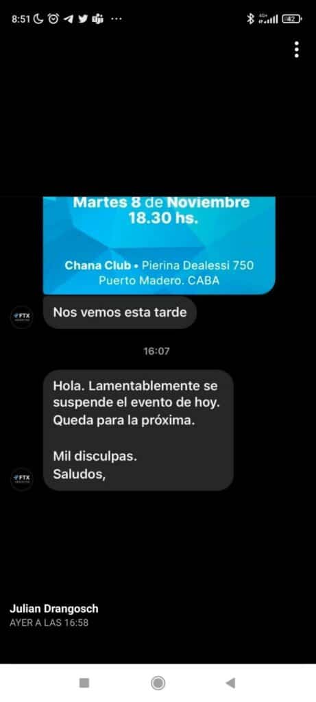 Aviso de suspensión del evento de FTX.