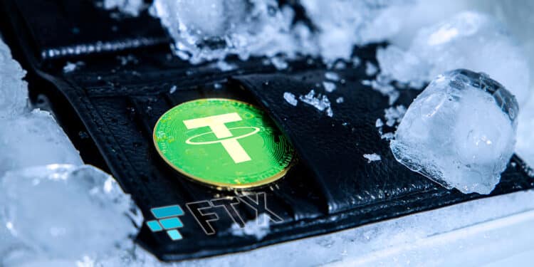 Billetera congelada con tether dentro de ella junto a logo de FTX.