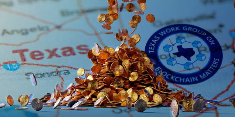 Mapa de Texas con logo de Blockchain Matters y puñado de btc