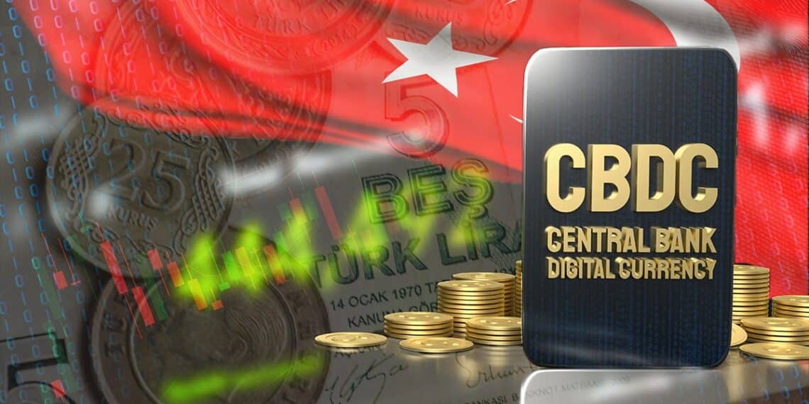 tablet con CBDC y monedas con dinero y bandera de turquia en el fondo