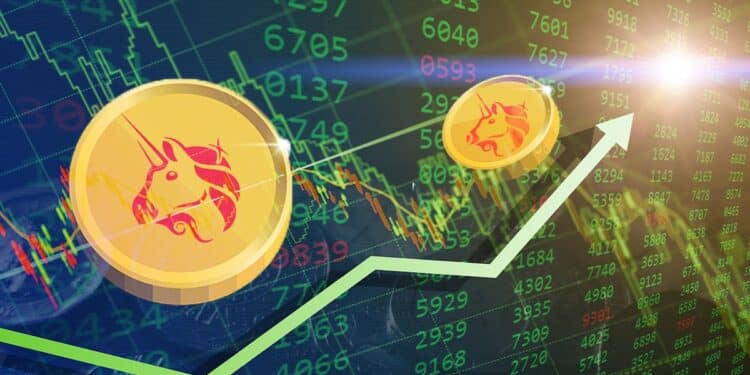 monedas del token de Uniswap sobre felcha ascendente con gráfico de precio y de mercado en verde