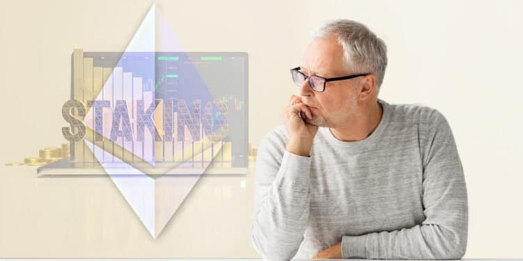 hombre preocupado con computadora haciendo staking de criptomonedas con logo de Ethereum superpuesto