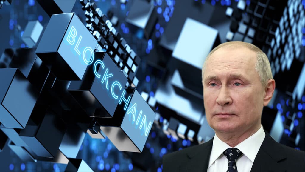 vladimir putin con bloques digitales de blockchain en el fondo