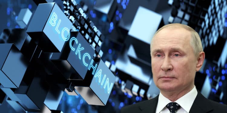 vladimir putin con bloques digitales de blockchain en el fondo