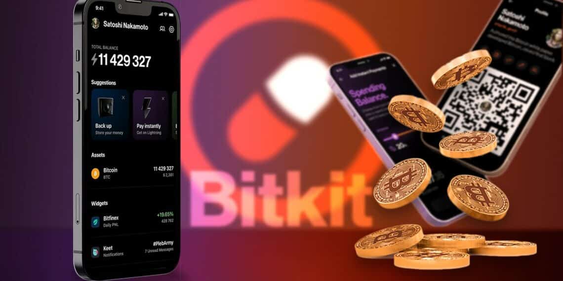 monedero de bitcoin y criptomonedas bitkit en teléfono móvil con logo de Bitkit en el fondo