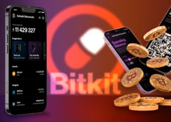 monedero de bitcoin y criptomonedas bitkit en teléfono móvil con logo de Bitkit en el fondo