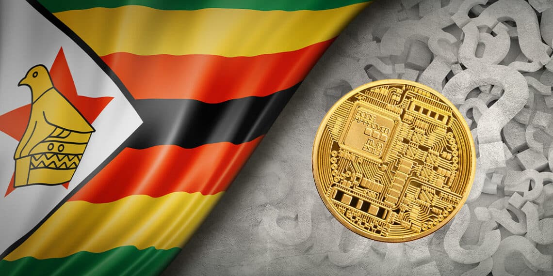 Bandera de Zimbabue y signos de interrogación con criptomoneda genérica