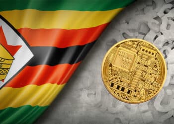 Bandera de Zimbabue y signos de interrogación con criptomoneda genérica