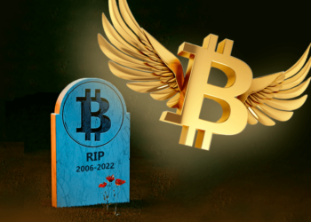 Bitcoin muerto junto a otro vivo con alas.