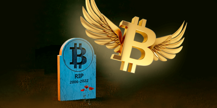 Bitcoin muerto junto a otro vivo con alas.