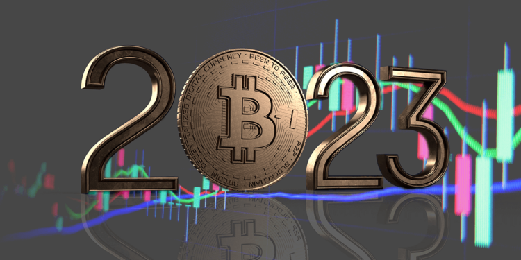 Año 2023 con bitcoin junto a gráfico de mercado.