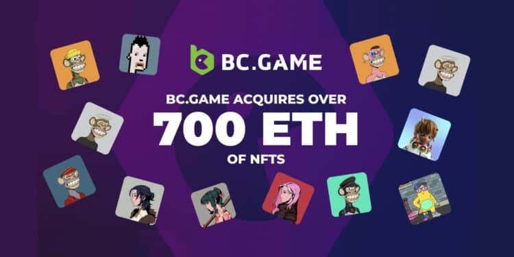 Logo de BC.GAME rodeado de varios NFTs