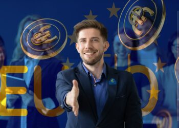 hombre de negocios con pin del Banco Central Europeo exttendiendo invitación con monedas de euro digital y equipo de personas en el fondo