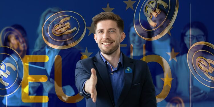 hombre de negocios con pin del Banco Central Europeo exttendiendo invitación con monedas de euro digital y equipo de personas en el fondo