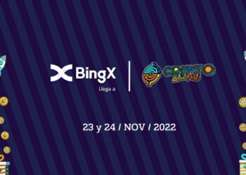 Logos de BingX y del evento Crypto Latin Fest en fondo negro