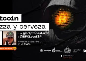 Pancarta promocional del evento Bitcoin, Pizza y Cerveza en Buenos Aires, Argentina.
