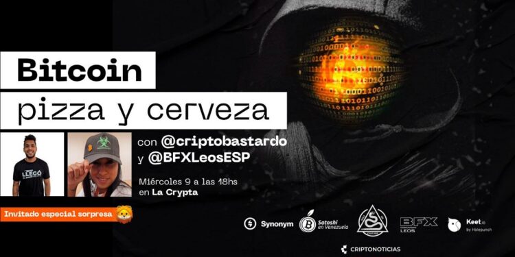 Pancarta promocional del evento Bitcoin, Pizza y Cerveza en Buenos Aires, Argentina.