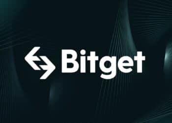 Logo del exchange Bitget sobre fondo negro.