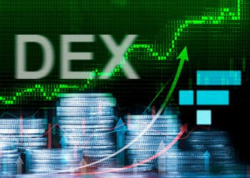 Monedas y gráfico verde con logo de FTX y palabra DEX