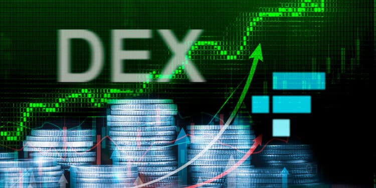 Monedas y gráfico verde con logo de FTX y palabra DEX