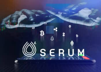 manos controlando con hilos logo de Serum, exchange de criptomonedas con logo de FT y grafico de precio en el fondo