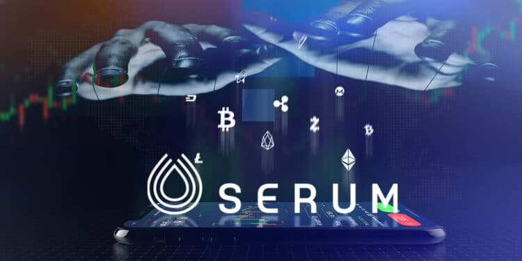 manos controlando con hilos logo de Serum, exchange de criptomonedas con logo de FT y grafico de precio en el fondo