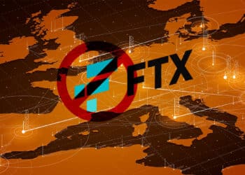 Europa con logo de FTX y símbolo de prohibido