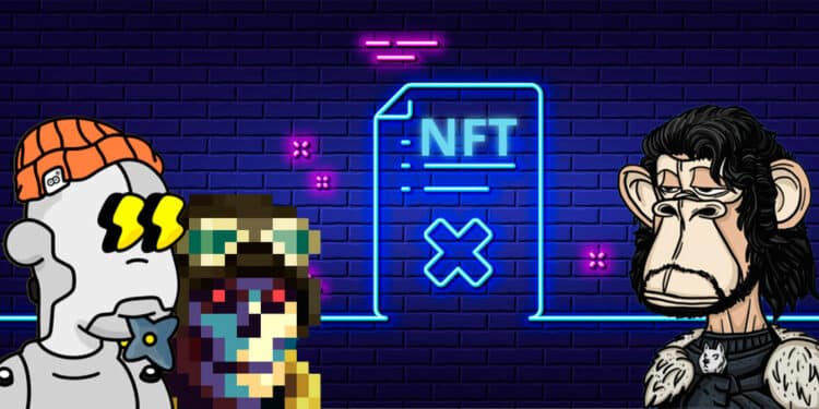 Documento en neon con palabra NFT y algunos token