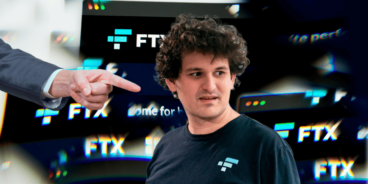 Sam Bankman-Fried junto a ftx y mano acusadora.
