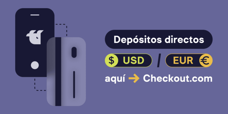 Pancarta promocional de la asociacion de WhiteBIT con Checkout.com para recarga de saldo.