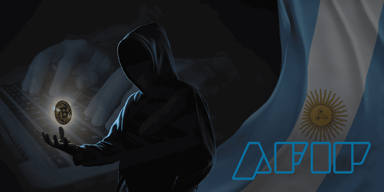Persona estafando criptomonedas junto a bandera de Argentina y logo de AFIP.