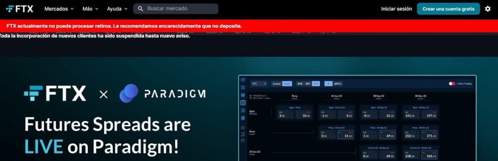 Aviso en el sitio web de FTX en el que participan a sus usuarios que “no pueden procesar retiros” y recomiendan no hacer depósitos.