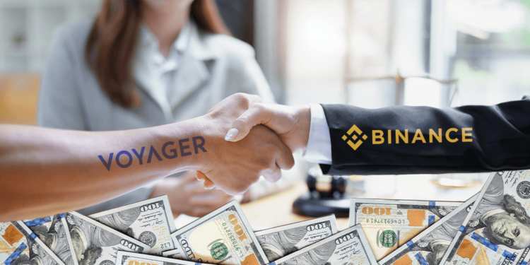 Logos de Voyager y binance junto a manos y dolares