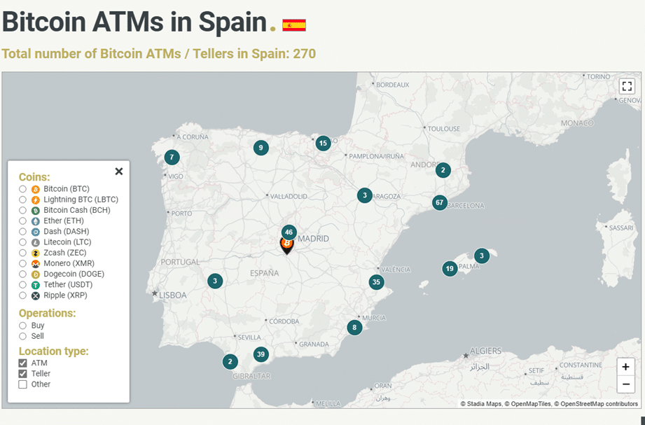 Mapa de España en donde se ve la cantidad de cajeros automáticos de bitcoin.