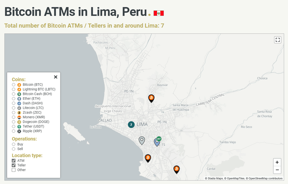 Mapa de Perú en donde se ve la cantidad de cajeros automáticos de bitcoin.