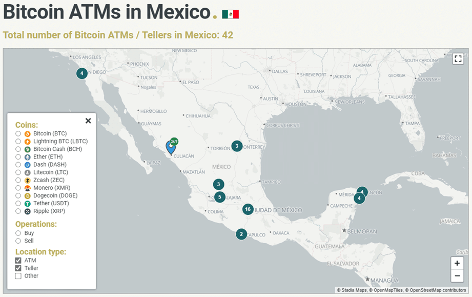 Mapa de México en donde se ve la cantidad de cajeros automáticos de bitcoin.