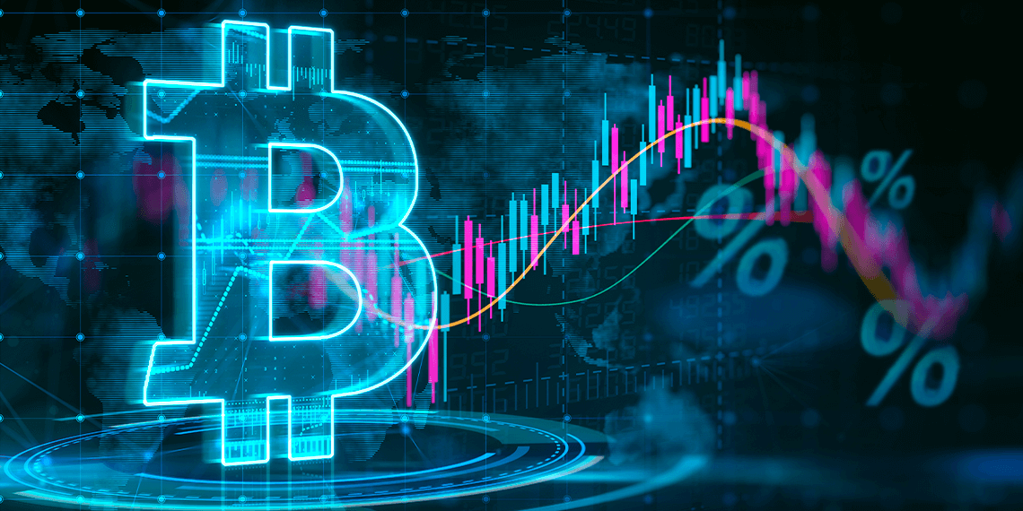 Bitcoin junto a gráfico de mercado y porcentajes haciendo referencia a las tasas de interes.