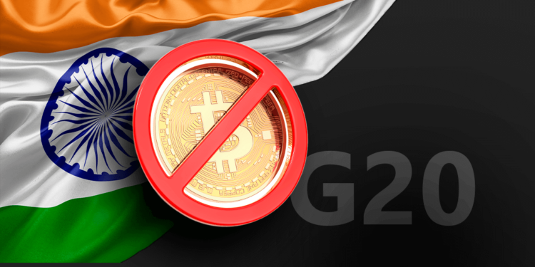 Bitcoin prohibido junto a bandera de India y G20.