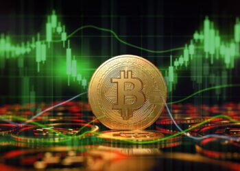 moneda de bitcoin entre monedas en mesa con gráfico alcista en verde en el fondo