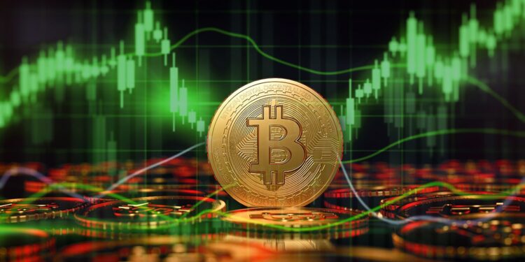 moneda de bitcoin entre monedas en mesa con gráfico alcista en verde en el fondo