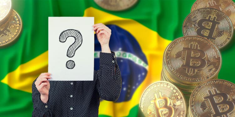Bandera de Brasil con BTC y persona con signo de interrogación